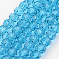 Sky Blue Transparent Glass Bead Strands, Imitate Austrian Crystal, Faceted(32 Facets), Round, Sky Blue, 4mm, Hole: 1mm, about 96~100pcs/strand, 14~14.5 inch