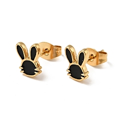 Black Enamel Rabbit Stud Earrings with 316 Surgical Stainless Steel Pins, Gold Plated 304 Stainless Steel Jewelry for Women, Black, 8.5x6.5mm, Pin: 0.8mm