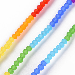 Mixed Color 7 Colors Rainbow Color Frosted Glass Beads Strands, Segmented Multi-color Beads, Faceted Rondelle, Mixed Color, 3.5x3mm, Hole: 0.6mm, about 147pcs/strand, 15.79 inch(40.1cm)