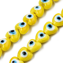 Yellow Handmade Evil Eye Lampwork Beads Strands, Heart, Yellow, 12~12.5x12~13x7.5mm, Hole: 1.2mm, about 33pcs/strand, 14.76 inch(37.5cm)