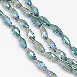 Dark Cyan Electroplate Crystal Glass Rice Beads Strands, Faceted, Rainbow Color Plated, Dark Cyan, 4x9mm, Hole: 1mm, about 58pcs/strand, 20.4 inch