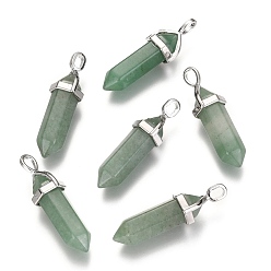 Green Aventurine Natural Green Aventurine Double Terminated Pointed Pendants, with Alloy Findings, Bullet, Platinum, 36~45x12mm, Hole: 3x5mm, Gemstone: 10mm in diameter