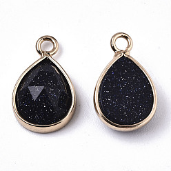 Blue Goldstone Synthetic Blue Goldstone Charms, with Light Gold Plated Brass Edge and Loop, Teardrop, Faceted, 14x9x4.5mm, Hole: 1.5mm