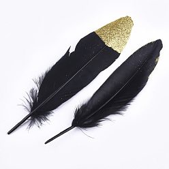 Black Goose Feather Costume Accessories, Dyed, with Glitter Powder, Black, 170~220x41~51mm, about 100pcs/bag