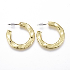 Real 18K Gold Plated Textured Brass Stud Earrings, Half Hoop Earrings, Long-Lasting Plated, with Steel Pins and Plastic Ear Nuts, Ring, Real 18K Gold Plated, 28x3mm, Pin: 0.7mm