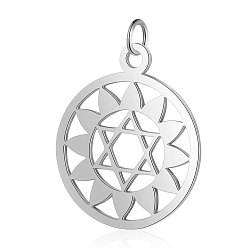 Stainless Steel Color 304 Stainless Steel Pendants, Chakra, Anahata, for Jewish, Flat Round with Flower & Star of David, Stainless Steel Color, 22.5x19x1mm, Hole: 3mm