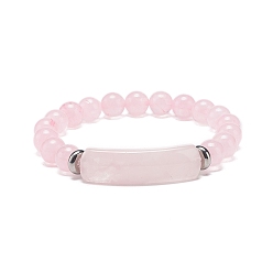 Quartz Rose Bracelet extensible en perles de quartz rose naturel, bijoux en pierres précieuses pour femmes, bracelets à breloques barre rectangulaire, diamètre intérieur: 2-1/8 pouce (5.3 cm)