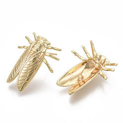 Real 18K Gold Plated Brass Earring Findings, with Loop, Cicada, Nickel Free, Real 18K Gold Plated, 23x19mm, Hole: 1.2mm, Pin: 0.8mm