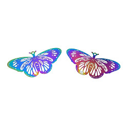 Rainbow Color Placage ionique (ip) 201 pendentifs en filigrane en acier inoxydable, embellissements en métal gravé, papillon, couleur arc en ciel, 23x48x0.2mm, Trou: 1.5mm