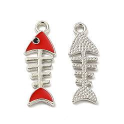 Red Alloy Enamel Pendants, Fishbone Charms, Platinum, Red, 23.5x8.5x1.5mm, Hole: 1.6mm