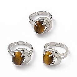 Tiger Eye Natural Tiger Eye Oval with Crescent Adjustable Ring, Platinum Brass Jewelry for Women, Cadmium Free & Nickel Free & Lead Free, US Size 7 3/4(17.9mm)