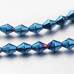 Blue Plated Electroplate Non-magnetic Synthetic Hematite Bead Strands, Bicone, Blue Plated, 5.5x4mm, Hole: 1mm, about 72pcs/strand, 15.7 inch