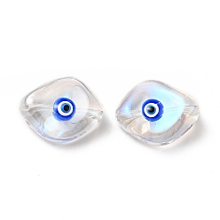 Azul Perlas de vidrio transparentes, con esmalte, ojo de caballo con patrón de mal de ojo, azul, 20x16x9.5 mm, agujero: 1.4 mm