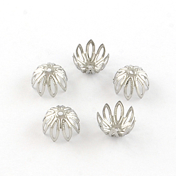 Stainless Steel Color 8-Petal Flower 304 Stainless Steel Fancy Bead Caps, Stainless Steel Color, 11x7mm, Hole: 1mm