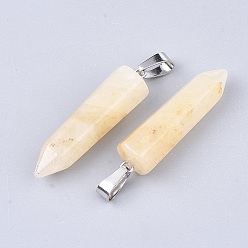 Topaz Jade Natural Topaz Jade Point Pendants, with Platinum Tone Brass Findings, Bullet, 35~37x10~11x9~10mm, Hole: 6~7x2.5~4mm