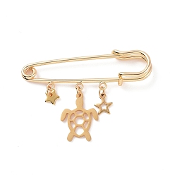 Golden Stainless Steel Tortoise & Star Charms Safety Pin Brooch, Brass Sweater Shawl Clips for Waist Pants Extender Clothes Dresses Decorations, Golden, 35x50x7mm, Pin: .5mm