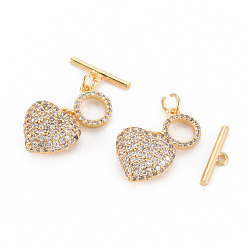 Real 18K Gold Plated Brass Micro Pave Clear Cubic Zirconia Toggle Clasps, Nickel Free, Heart & Bar, Real 18K Gold Plated, Heart: 14.5x13.5x6mm, bar: 15.5x4x1.5mm, Hole: 1.5mm~1.8mm