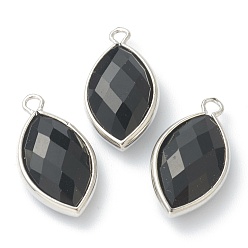 Obsidian Natural Obsidian Pendants, with Platinum Brass Edge, Faceted, Horse Eye, 22x12x5.5mm, Hole: 1.8mm