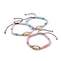 Couleur Mélangete Bracelets de perles de tresse de fil de nylon, avec des perles heishi en pâte polymère, perles de rocaille en verre et pendentifs en alliage, shell cauris, couleur mixte, 2-1/8 pouce (5.3 cm)