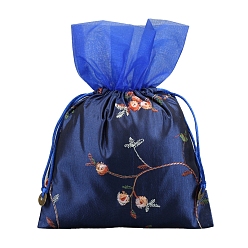 Marina Azul Bolsas de flores con bordado de seda, bolsa con cordón, Rectángulo, azul marino, 25x16 cm