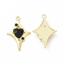 Black Rack Plating Alloy with Glass Pendants, Star with Heart Charms, Light Gold, Cadmium Free & Nickel Free & Lead Free, Black, 30.5x19.5x5mm, Hole: 1.8mm