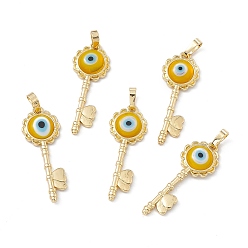 Goldenrod Handmade Evil Eye Lampwork Pendants, with Rack Plating Real 18K Gold Plated Brass Findings, Long-Lasting Plated, Flower Key with Heart, Goldenrod, 33x12x3.5mm, Hole: 4x7mm