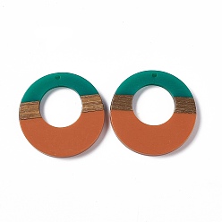 Chocolate Opaque Resin & Walnut Wood Pendants, Ring Charms, Chocolate, 38x3.5mm, Hole: 2mm