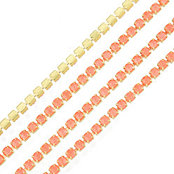 Coral Brass Rhinestone Strass Chains, Rhinestone Cup Chain, Imitate Luminous Style, Raw(Unplated), Coral, 2x2mm, about 23.62 Feet(7.2m)/Strand