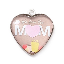 Colorful Mother's Day Alloy Pendants, with Glass, Platinum, Heart Charm with Word Mom, Colorful, 23x20.5x4mm, Hole: 2mm