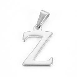 Letter Z 304 Stainless Steel Pendants, Stainless Steel Color, Initial Letter.Z, 21x13x1.8mm, Hole: 3x7mm
