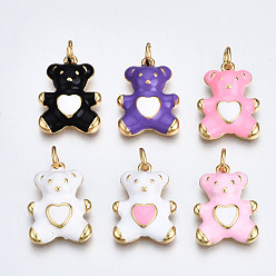 Mixed Color Brass Enamel Pendants, with Jump Rings, Nickel Free, Real 16K Gold Plated, Bear with Heart, Mixed Color, 18x13.5x3.5mm, Jump Ring: 5x0.8mm, 3mm inner diameter