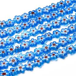 Bleu Ciel Foncé Main millefiori perles de verre brins, fleur, bleu profond du ciel, 6.4~9x3.2mm, Trou: 1mm, Environ 56 pcs/chapelet, 15.75'' (40 cm)
