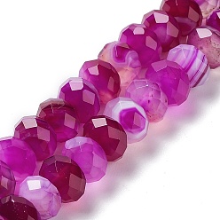 Medium Violet Red Natural Banded Agate/Striped Agate Beads Strands, Dyed & Heated, Faceted Rondelle, Medium Violet Red, 8~8.5x5~5.5mm, Hole: 1mm, about 72pcs/strand, 15.24~15.35''(38.7~39cm)