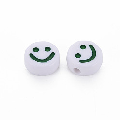 Dark Green Opaque Acrylic Beads, with Enamel, Flat Round with Smile Face, Dark Green, 10x5mm, Hole: 2mm, about 1450pcs/500g