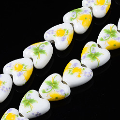 Jaune Brins de perles en céramique de porcelaine faites à la main, fleur imprimée, cœur, jaune, 15x15x7mm, Trou: 3mm, Environ 23 pcs/chapelet, 12.8 pouces (32.5 cm)