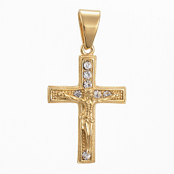 Crystal 304 Stainless Steel Pendants, For Easter, with Rhinestone, Crucifix Cross, Golden Tone, Crystal, 39x26x5.5mm, Hole: 11x8mm