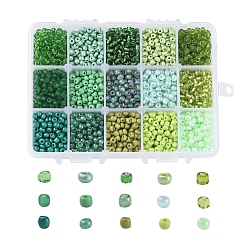 Verde 6/0 perlas de cristal de la semilla, colores transparentes y esmerilados y pintura para hornear y colores opacos colores brillantes y opacos y trans. colores lustrosos y forrados en plata y colores transparentes arcoíris y ceilán, rondo, verde, 6/0, 4 mm, agujero: 1~2 mm, Color 15, 20 g / color, 300 g / caja