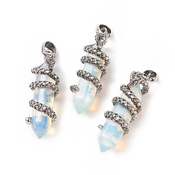 Opalite Opalite Double Terminal Pointed Pendants, Faceted Bullet Charms with Antique Silver Tone Alloy Dragon Wrapped, 47x14.5x15mm, Hole: 7.5x6.5mm