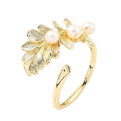 Real 14K Gold Plated Brass Leaf Open Cuff Ring with Natural Pearl Beaded for Women, Real 14K Gold Plated, Inner Diameter: 19mm