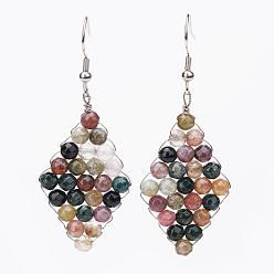 Indian Agate Natural Indian Agate Dangle Earrings, with 304 Stainless Steel Earring Hooks, Rhombus, 59~62mm, Pin: 0.7mm