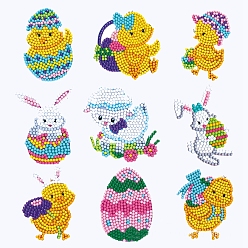 Other Animal DIY Duck & Rabbit & Easter Egg Diamond Painting Sticker Kits, including Self Adhesive Sticker, Resin Rhinestones, Diamond Sticky Pen, Tray Plate and Glue Clay, Animal Pattern, 60~70mm, 9 patterns, 1pc/pattern, 9pcs