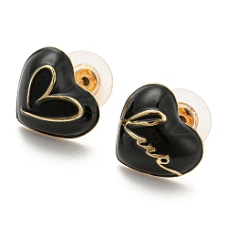 Negro Pendientes asimétricos esmaltados con corazón y palabra love, aretes de aleación dorada con 925 alfileres de plata esterlina para el día de San Valentín, negro, 15.5x13 mm, pin: 0.6 mm
