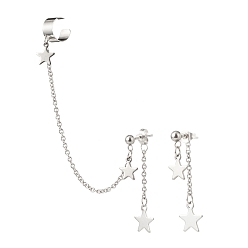 Stainless Steel Color 304 Stainless Steel Star Asymmetrical Earrings, Stud Earrings with Dangle Chain Ear Cuff Crawler Climber for Women, Stainless Steel Color, 38~110mm, Pin: 0.8mm, 2Pcs/set