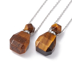 Tiger Eye Openable Faceted Natural Tiger Eye Perfume Bottle Pendant Necklaces for Women, 304 Stainless Steel Cable Chain Necklaces, Stainless Steel Color, 18.50 inch(47cm)