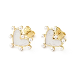 Real 18K Gold Plated Rack Plating Brass Enamel Stud Earrings for Women, with Acrylic Beads and Ear Nuts, Cadmium Free & Lead Free, Heart, Real 18K Gold Plated, 14x15mm, Pin: 0.8mm