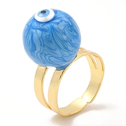 Deep Sky Blue Enamel Round with Evil Eye Beaded Open Cuff Ring, Real 18K Gold Plated Brass Jewelry for Women, Deep Sky Blue, Inner Diameter: 20mm