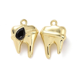 Black Rack Plating Alloy Glass Pendants, Cadmium Free & Lead Free & Nickle Free, Faceted, Tooth Charms with Teardrop, Light Gold, Black, 19x13.5x7mm, Hole: 1.4mm