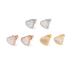 Mixed Color 6 Pairs Natural White Shell Heart Stud Earrings, 304 Stainless Steel Jewelry for Women, Mixed Color, 9x10mm, Pin: 0.7mm