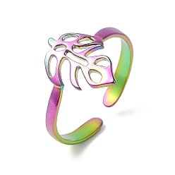 Rainbow Color Placage ionique (ip) 304 anneaux de manchette en acier inoxydable, bagues ouvertes feuille de monstera pour femmes hommes, couleur arc en ciel, 2.5~14mm, diamètre intérieur: taille us 7 1/4 (17.6 mm)