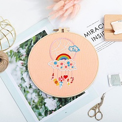 Pink DIY Woven Net/Web with Feather Pattern Embroidery Kit, Including Imitation Bamboo Frame, Iron Pins, Cloth, Colorful Threads, Pink, 213x201x9.5mm, Inner Diameter: 183mm